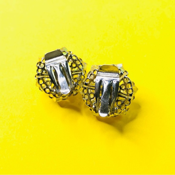 Vintage Pat Pend Signed AB Glass Crystal Clip on Earrings 1960s Silver Tone Base - Picture 3 of 8